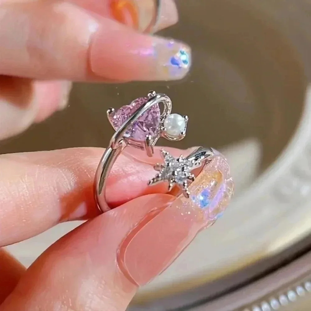 Silver Pink heart Star Burst Cuff Ring